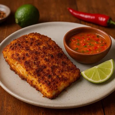 Gebackener Hai mit karibischer Gewürzkruste und würziger Limetten-Chili-Sauce