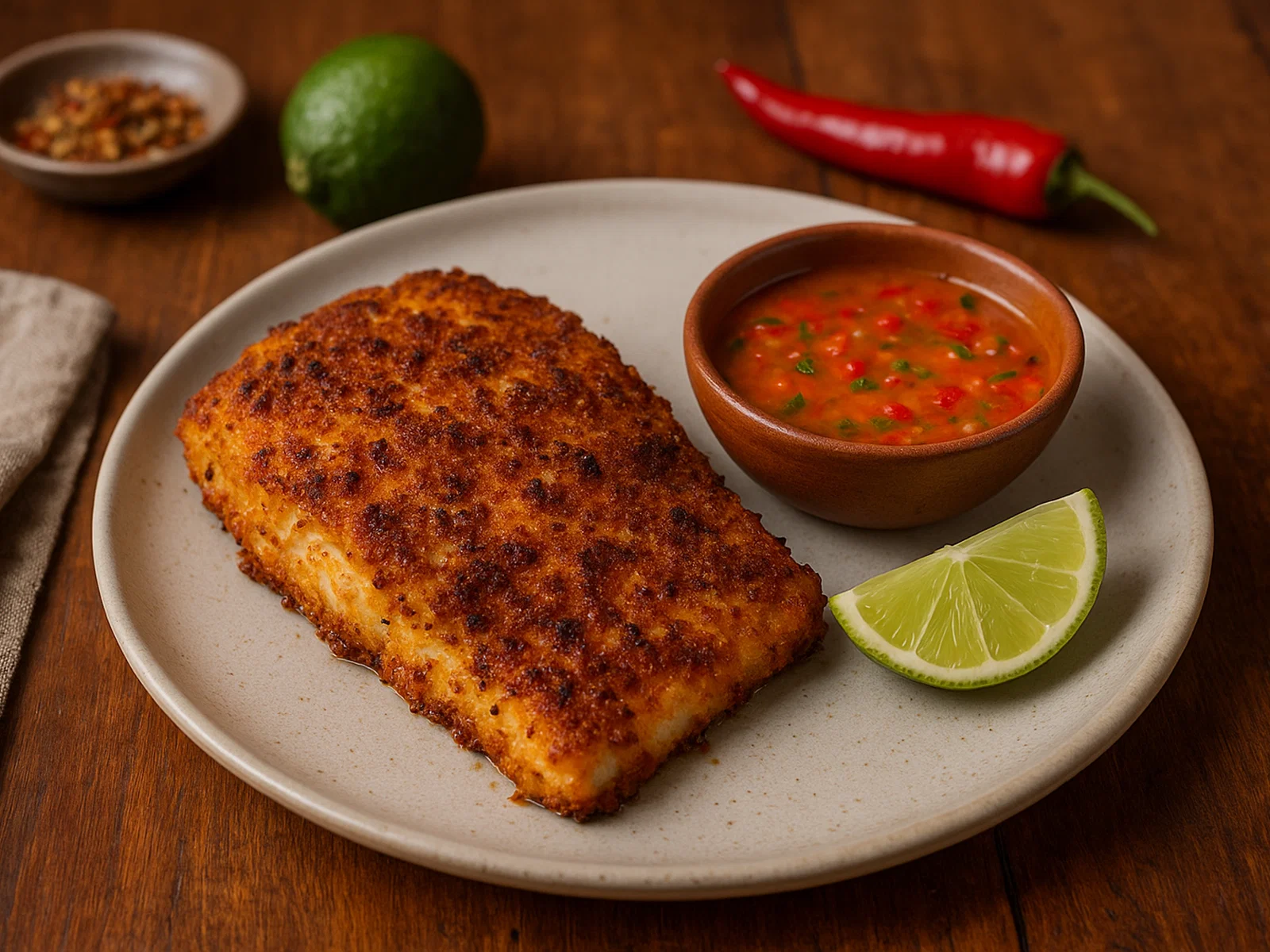 Gebackener Hai mit karibischer Gewürzkruste und würziger Limetten-Chili-Sauce