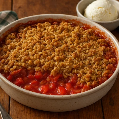 Erdbeer-Rhabarber-Crumble mit knusprigen Butterstreuseln