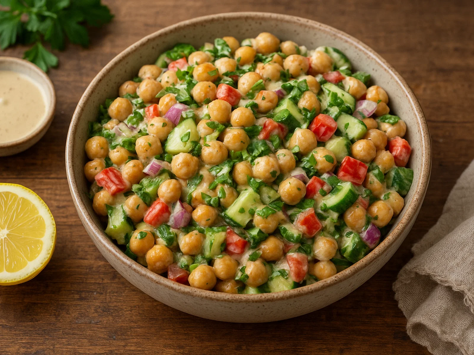 Kichererbsen-Salat mit cremigem Tahini-Zitronen-Dressing