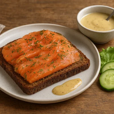 Graved Lachs auf Schwarzbrot mit Honig-Senf-Sauce