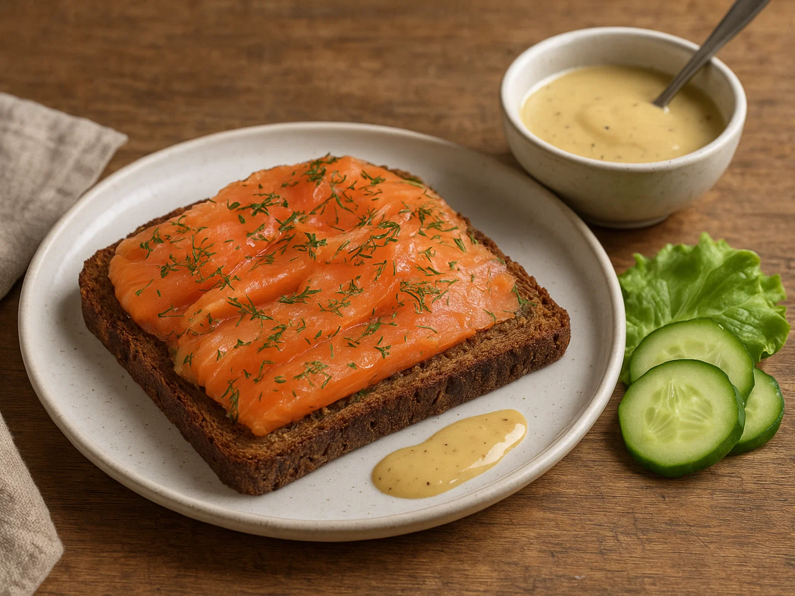 Graved Lachs auf Schwarzbrot mit Honig-Senf-Sauce