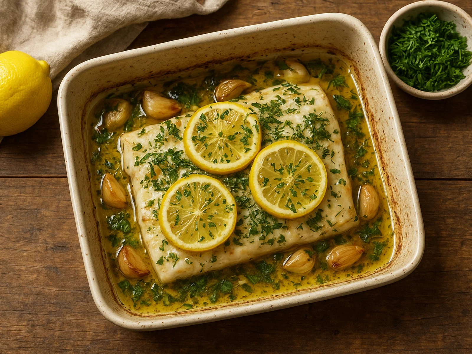 Kabeljau mit Zitrone und frischen Kräutern aus dem Ofen