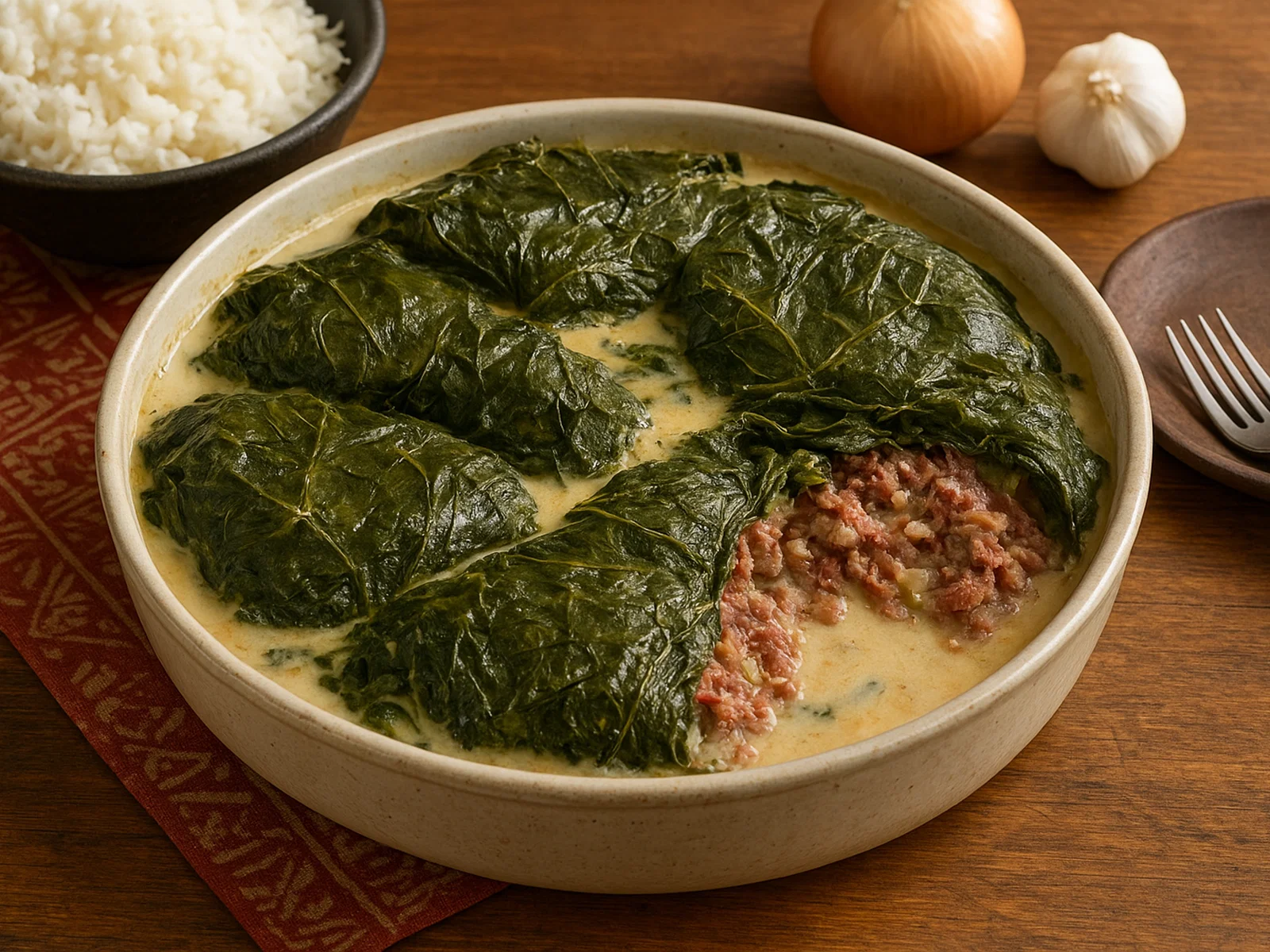 Palu Sami – Samoanischer Auflauf mit Taro-Blättern, Kokosmilch und Corned Beef