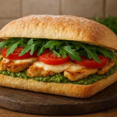 Pesto-Hähnchen-Sandwich mit Tomate und Rucola