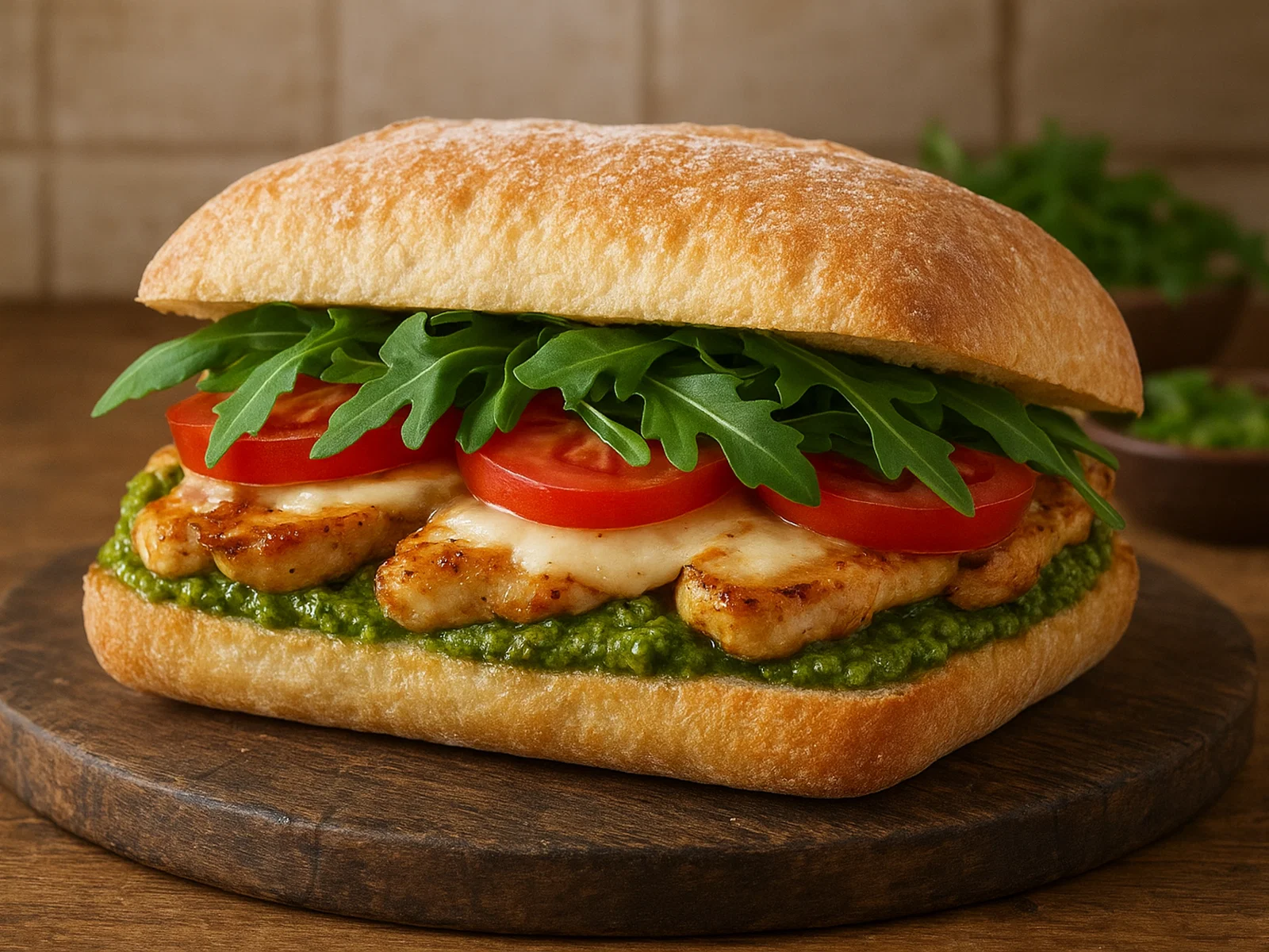 Pesto-Hähnchen-Sandwich mit Tomate und Rucola