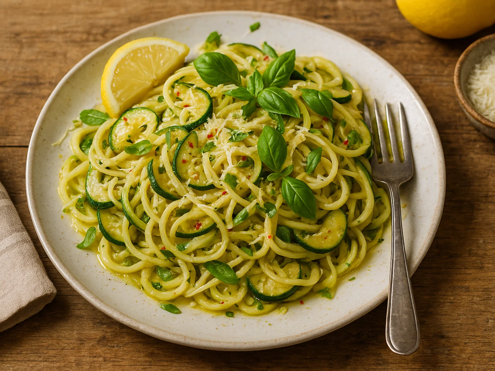Zitronen-Zucchininudeln mit Basilikum und Parmesan
