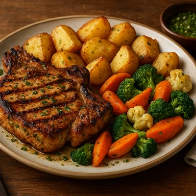 Gegrillte Karbonāde (Schweinekoteletts) mit Kräutermarinade, knusprigen Kartoffeln und Gemüse
