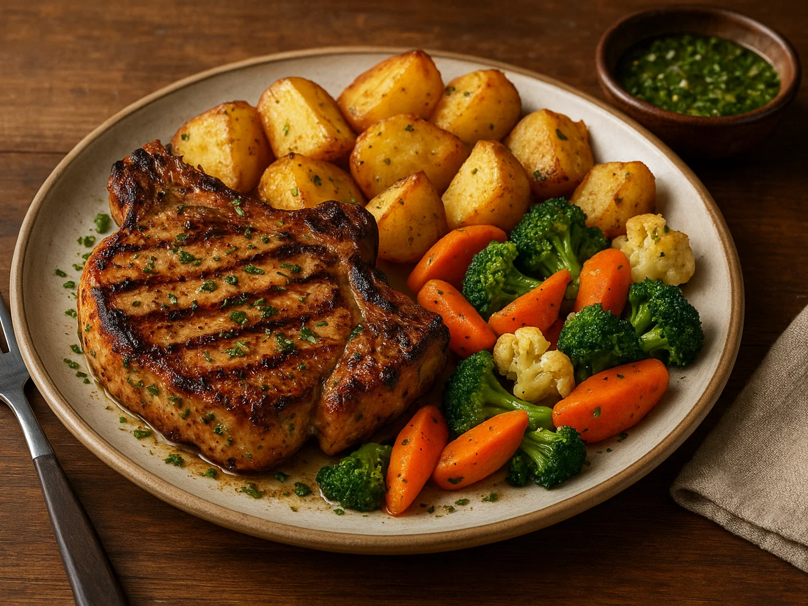 Gegrillte Karbonāde (Schweinekoteletts) mit Kräutermarinade, knusprigen Kartoffeln und Gemüse