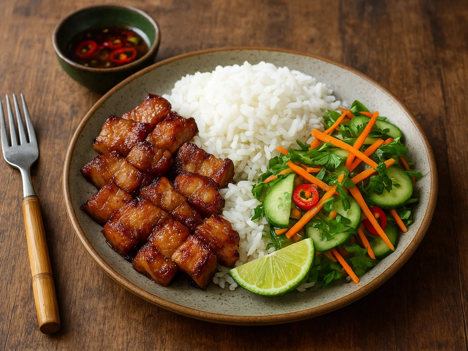 Bai Sach Chrouk – Kambodschanischer gegrillter Schweinebauch mit Reis