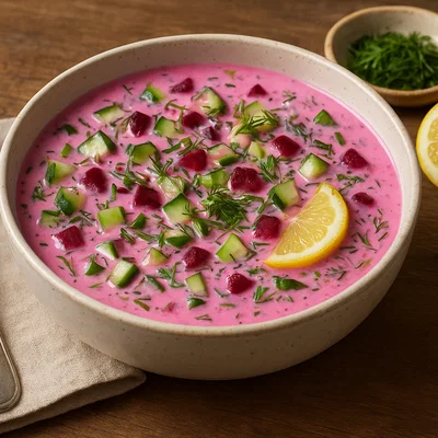Vegetarische kalte Joghurtsuppe mit Roter Bete (Veģetārais aukstais zupa)