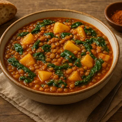 Thophi – herzhaftes Linsengericht mit Kartoffeln und Spinat