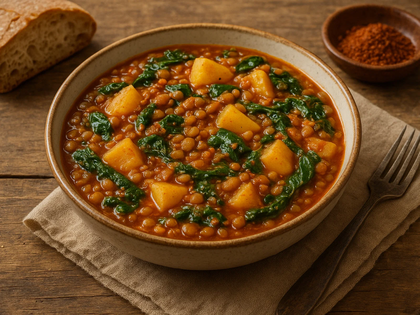 Thophi – herzhaftes Linsengericht mit Kartoffeln und Spinat
