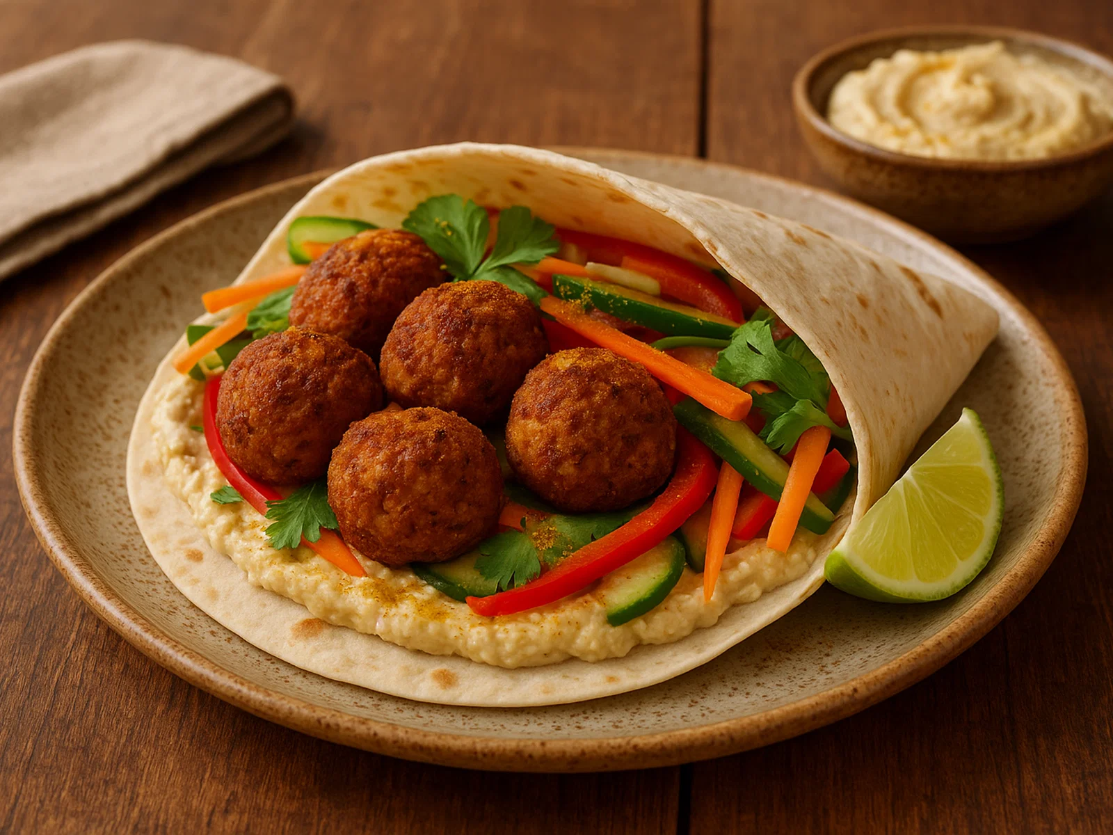 Exotischer Falafel-Wrap mit Kokos-Hummus
