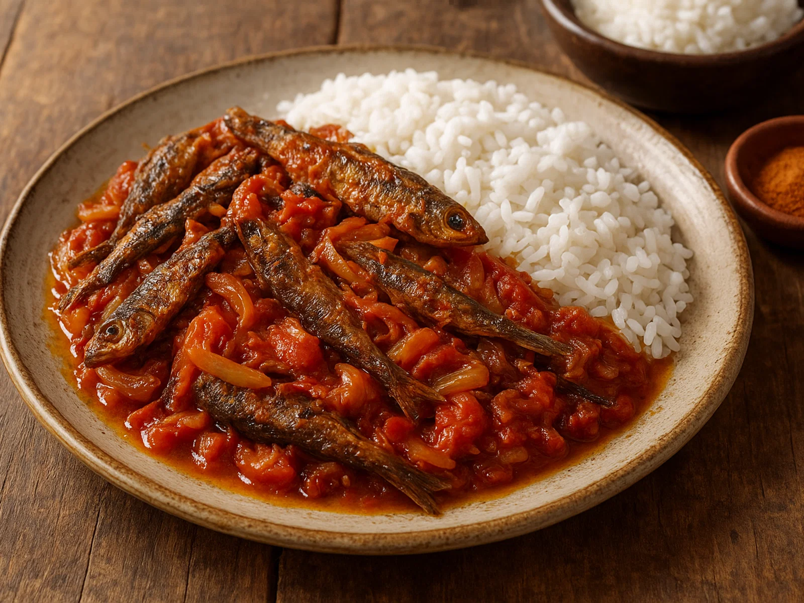 Ndakala – Namibischer getrockneter Fisch mit Tomaten und Zwiebeln