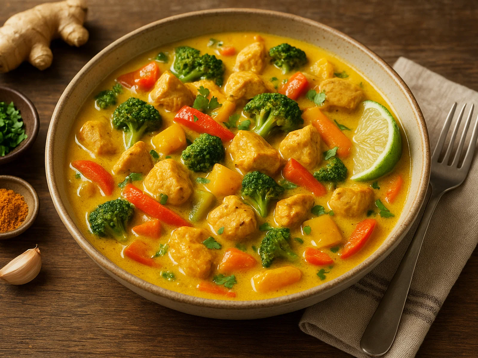 Aromatische Hähnchen-Curry-Pfanne mit Gemüse und Kokosmilch