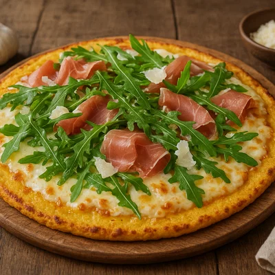 Polenta-Pizza mit Rucola und Parmaschinken