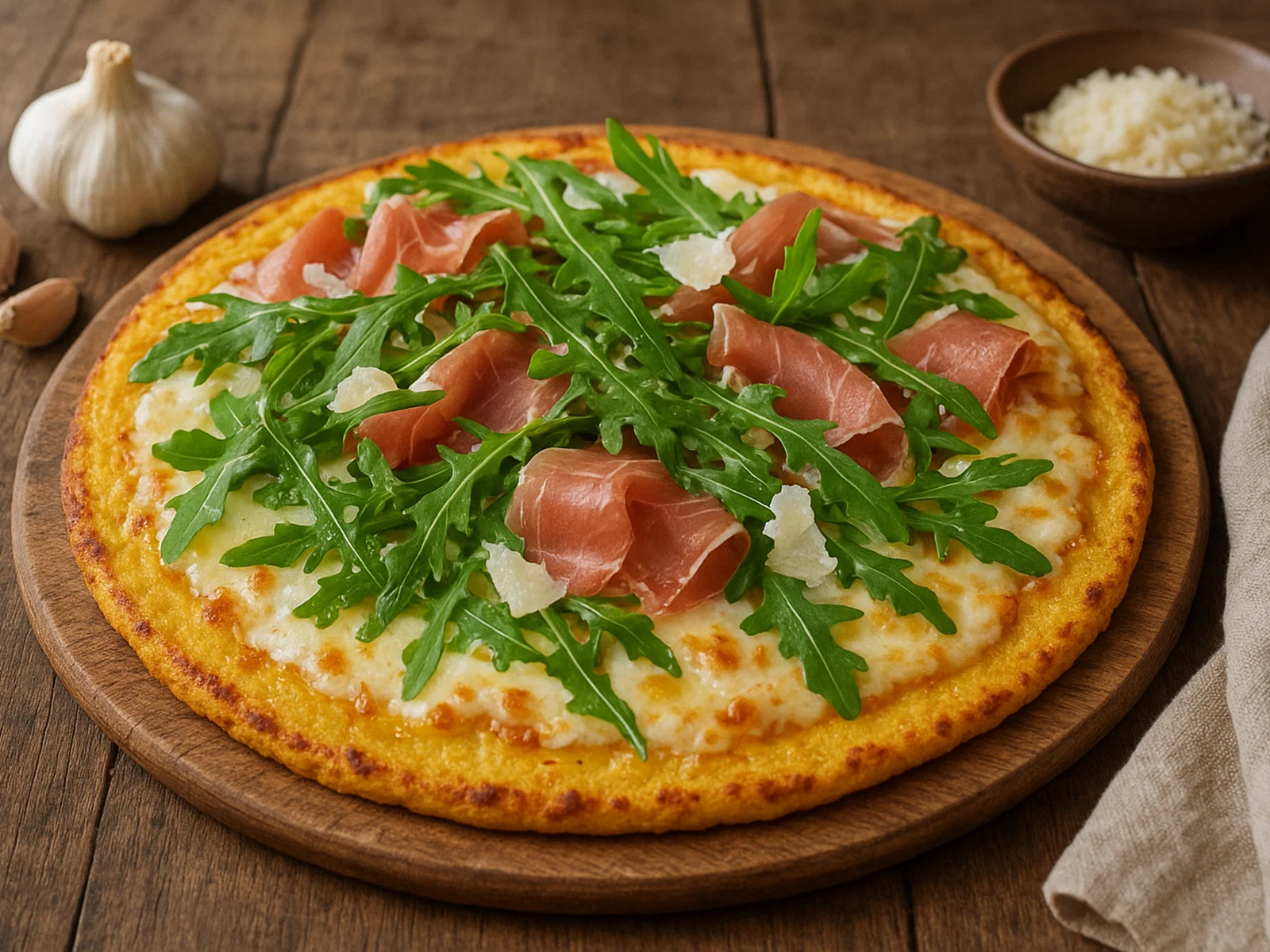 Polenta-Pizza mit Rucola und Parmaschinken