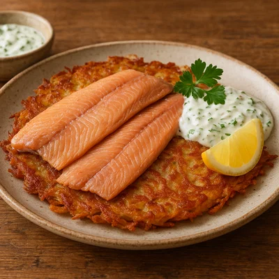 Kartoffel-Rösti mit geräuchertem Forellenfilet