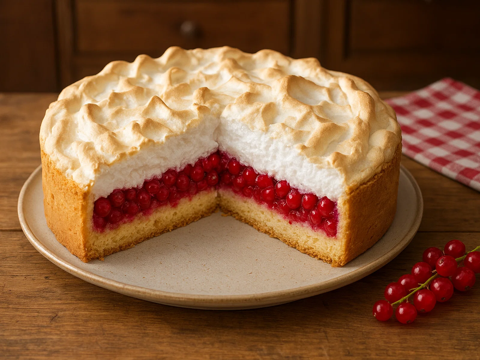 Johannisbeer-Baiser-Torte mit knusprigem Mürbeteigboden