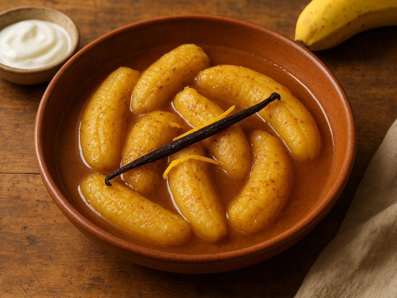 Gewürzte gekochte Bananen mit Vanille und Zimt