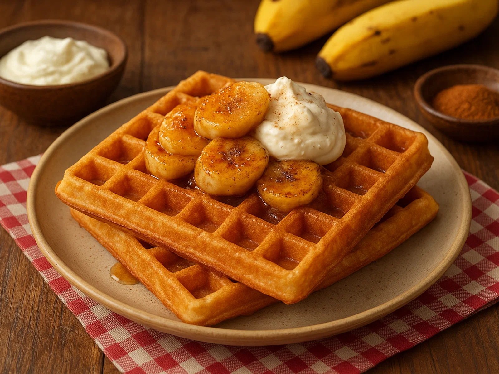 Kat-kat Banane – Knusprige Waffeln mit Vanille und karamellisierten Bananen