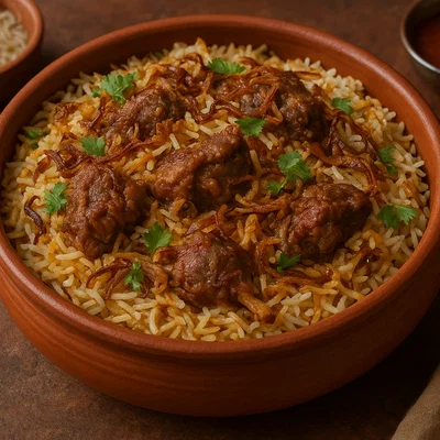 Kacchi Lamm-Biryani (roh geschichtetes Dum-Biryani)