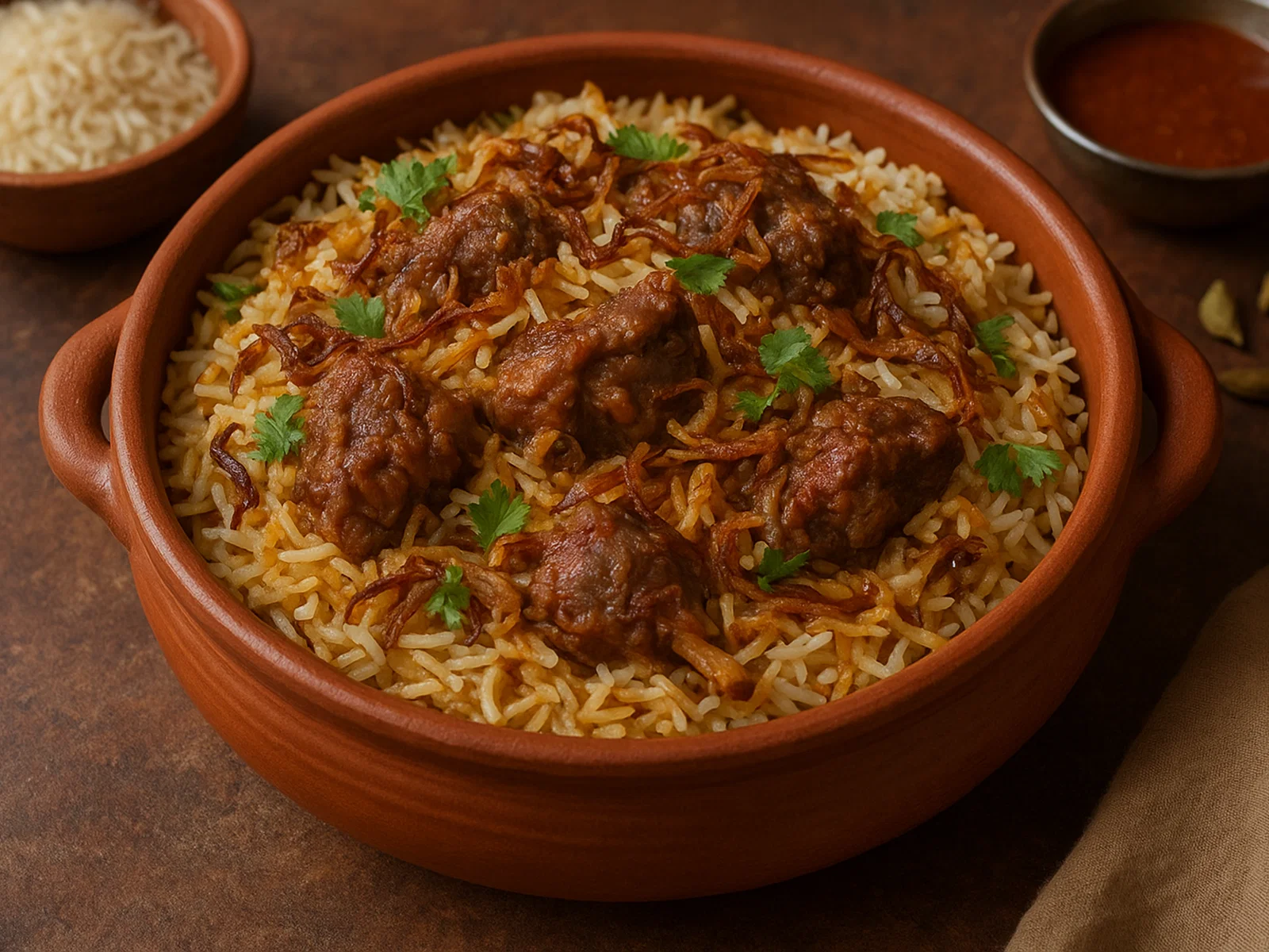Kacchi Lamm-Biryani (roh geschichtetes Dum-Biryani)