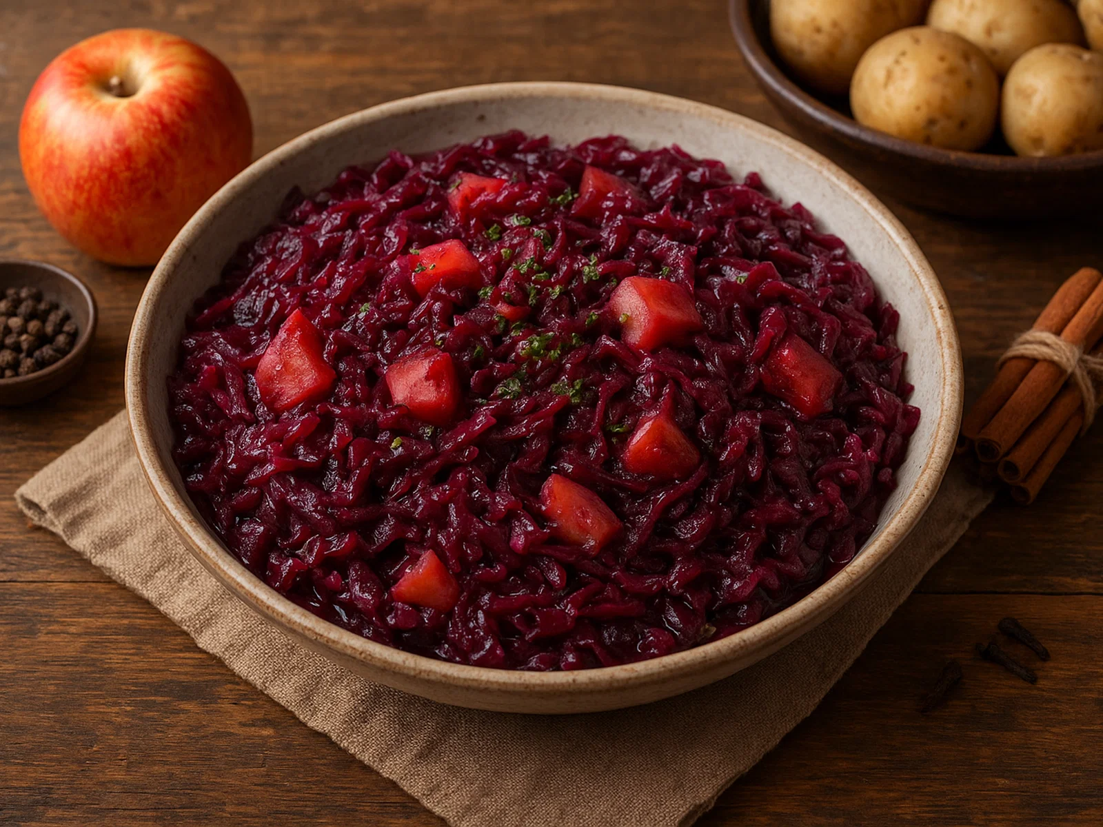 Weihnachtlicher Rotkohl mit Apfel, Rotwein und Gewürzen