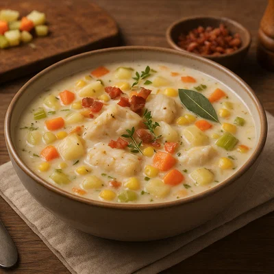 Cremiger Fisch Chowder mit Kartoffeln und Gemüse