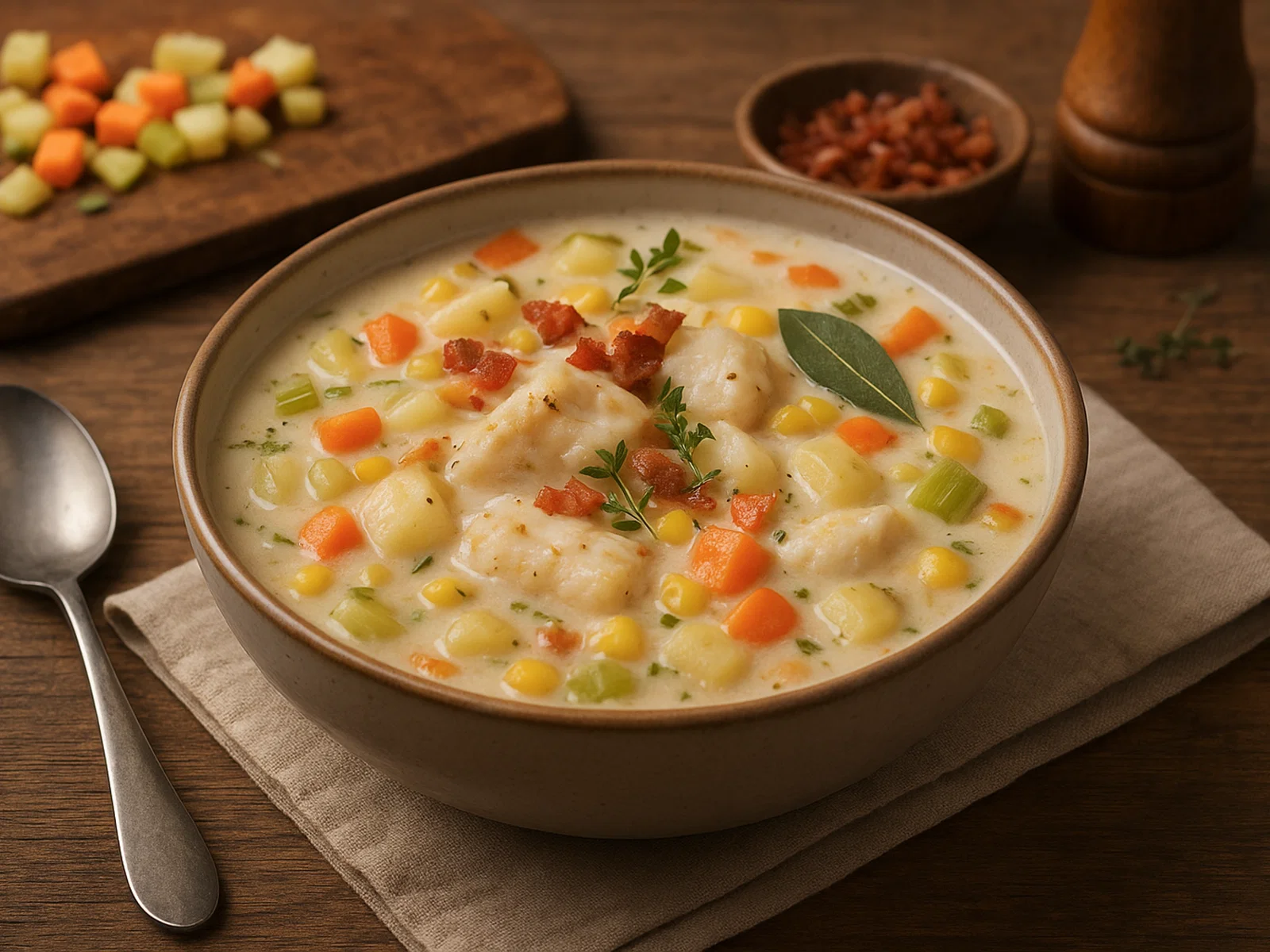 Cremiger Fisch Chowder mit Kartoffeln und Gemüse