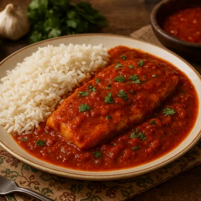 Mutabbaq Samak – Arabischer Fisch in würziger Tomatensauce mit Reis