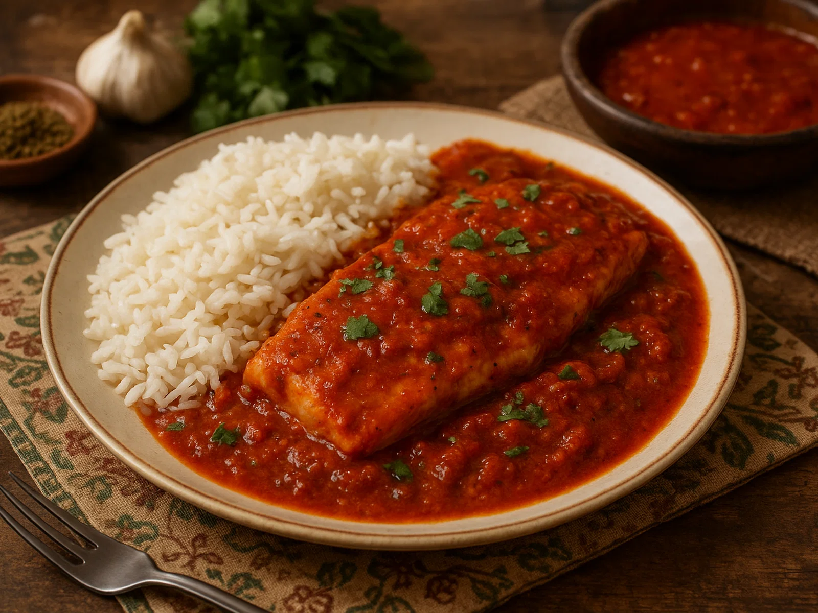 Mutabbaq Samak – Arabischer Fisch in würziger Tomatensauce mit Reis