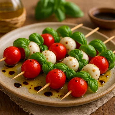 Caprese-Spieße mit Cherrytomaten, Mozzarella und Basilikum
