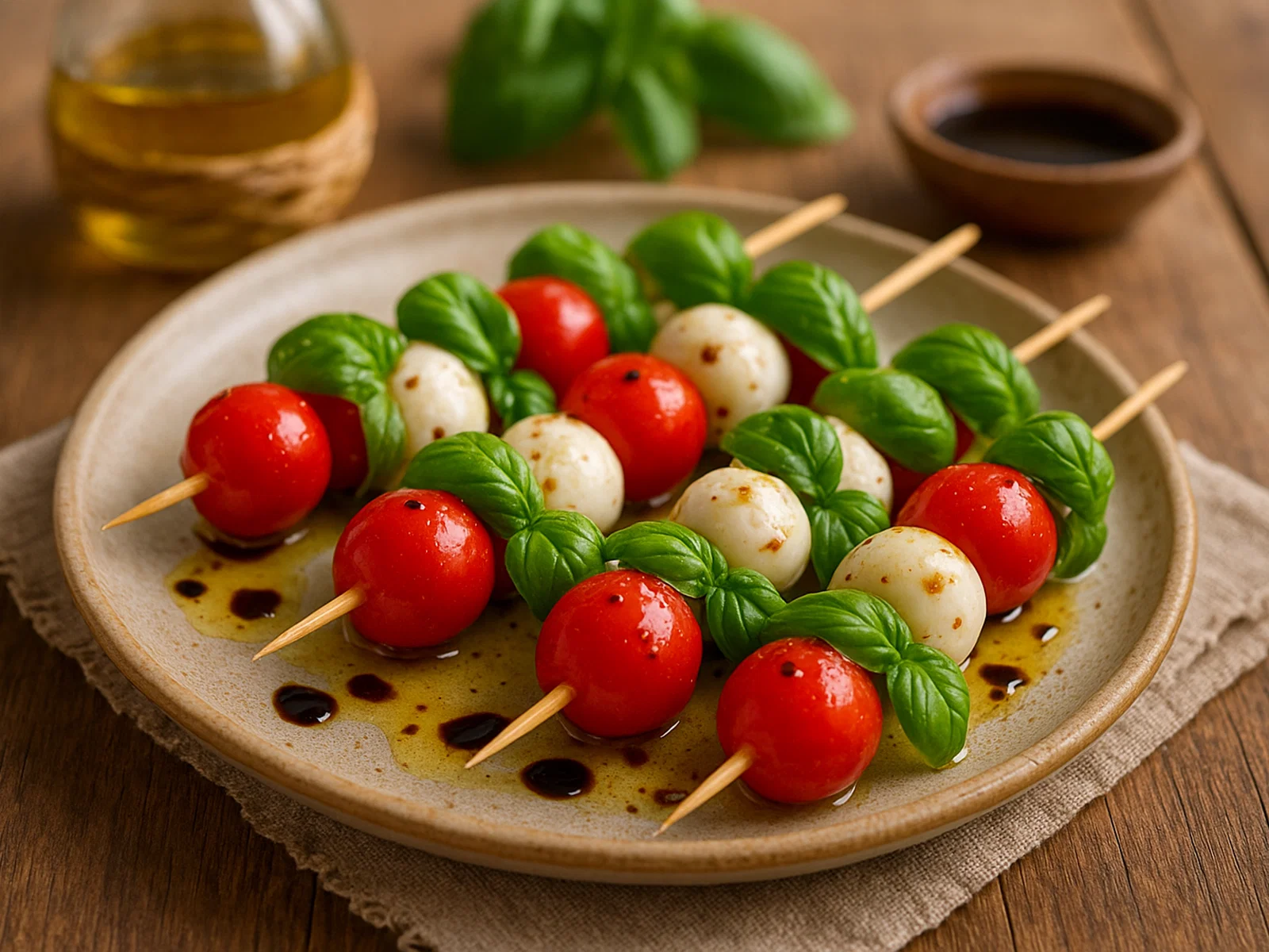 Caprese-Spieße mit Cherrytomaten, Mozzarella und Basilikum