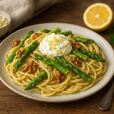Spargel-Walnuss-Pasta mit Zitronenricotta