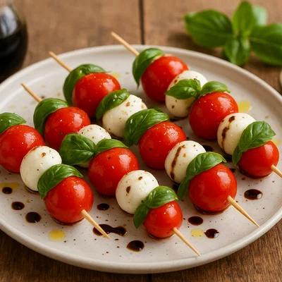 Tomaten-Mozzarella-Spieße mit Basilikum und Balsamico