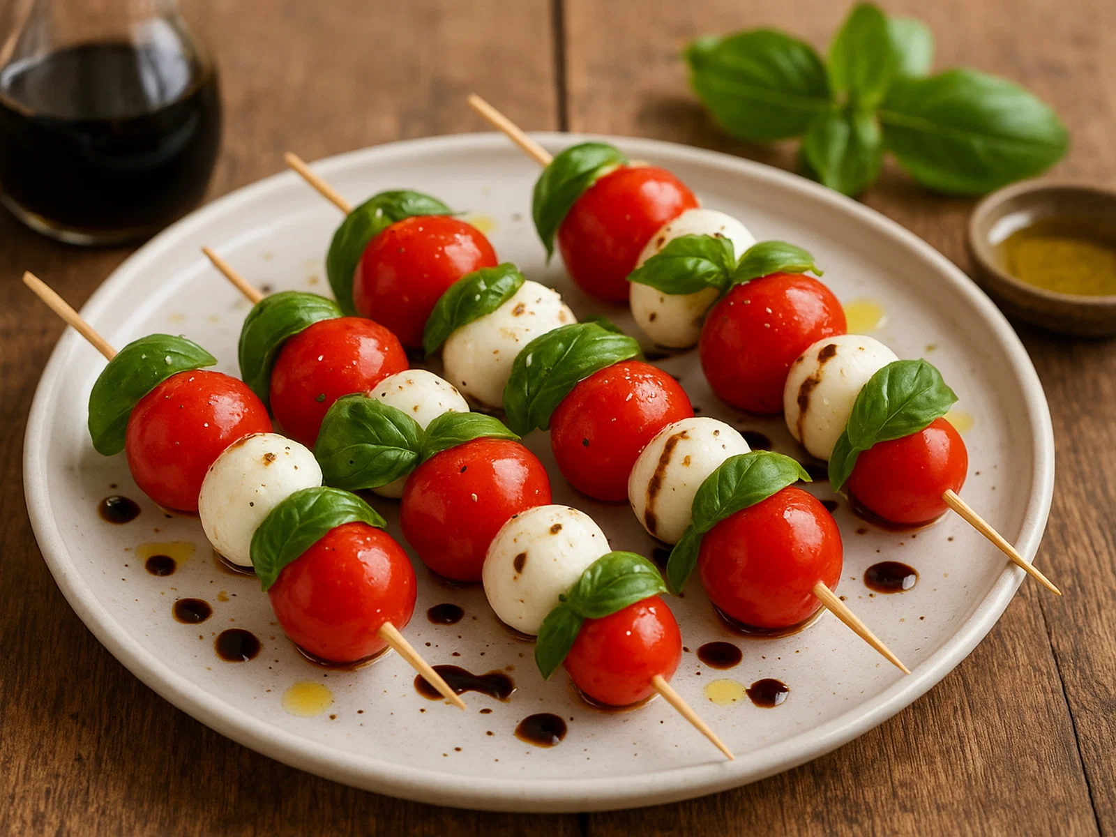 Tomaten-Mozzarella-Spieße mit Basilikum und Balsamico