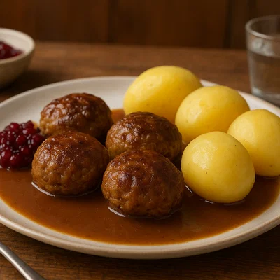 Norwegische Kjøttkaker mit brauner Soße und Kartoffeln
