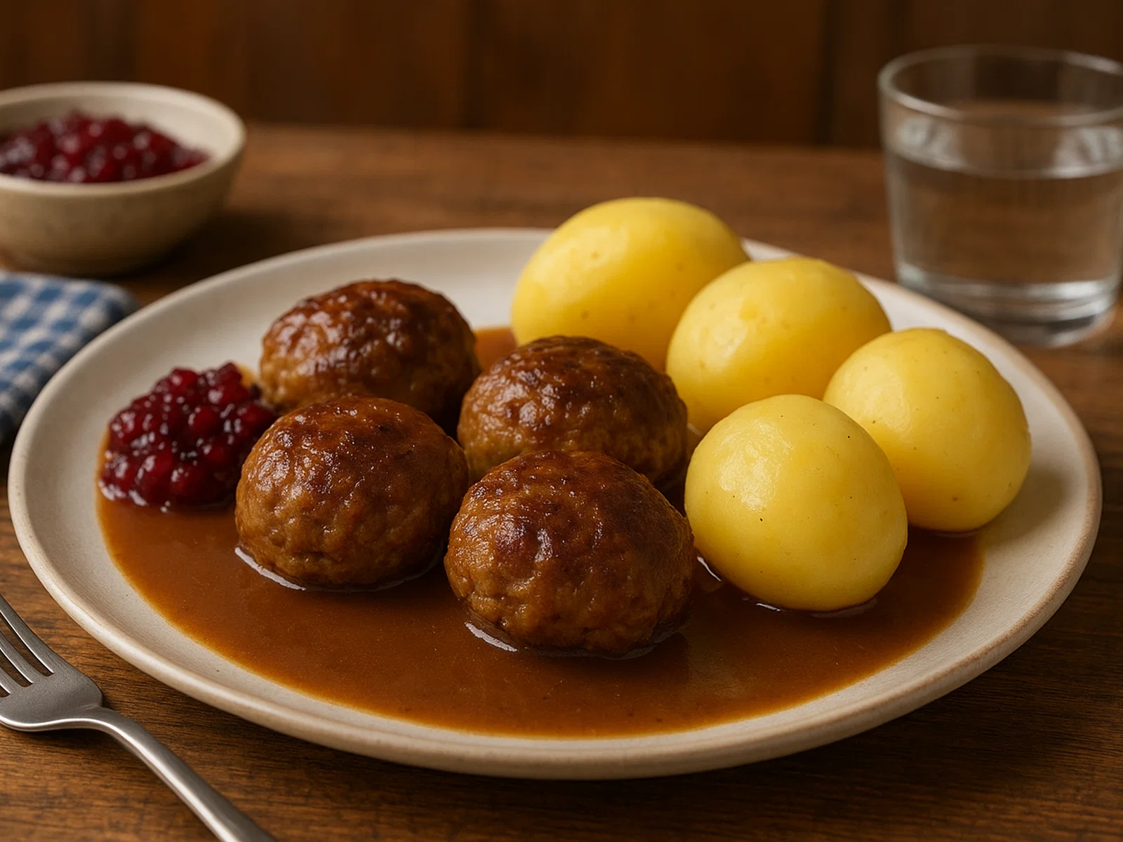 Norwegische Kjøttkaker mit brauner Soße und Kartoffeln