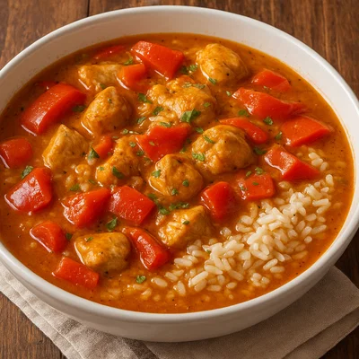 Hähncheneintopf mit Paprika und Reis