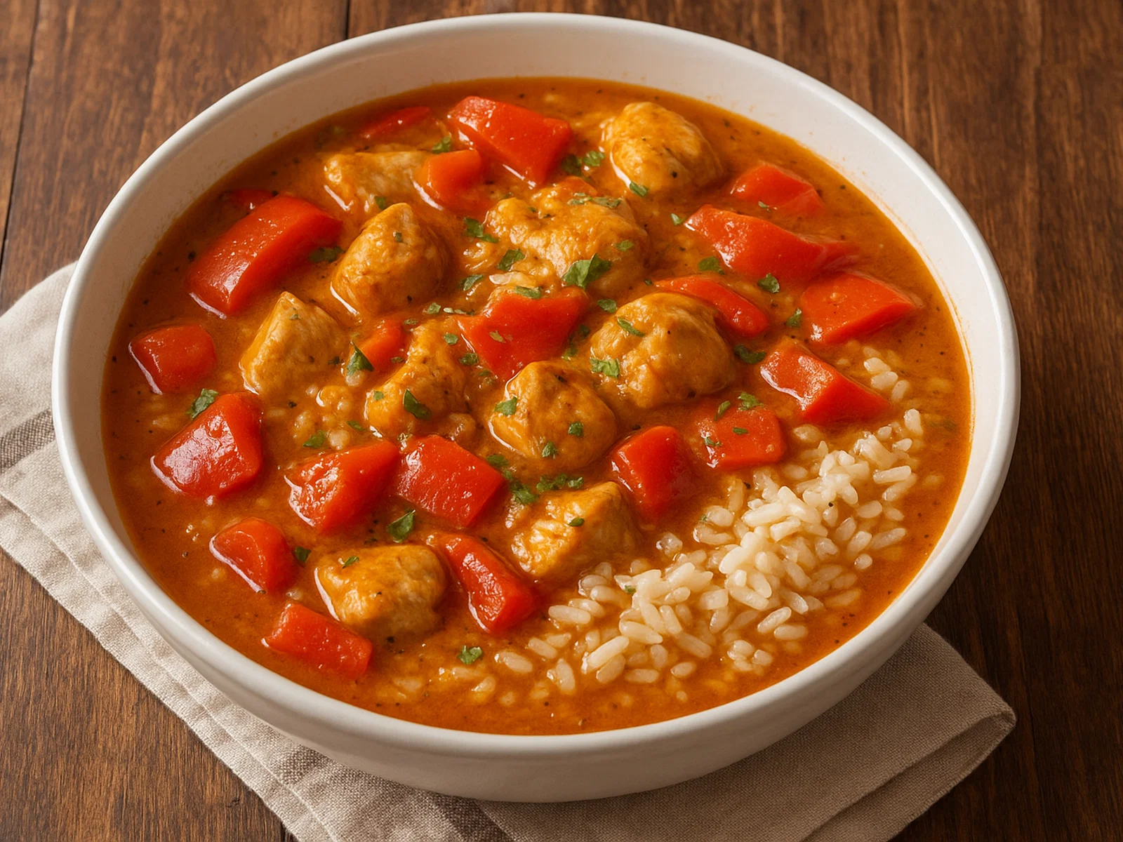 Hähncheneintopf mit Paprika und Reis