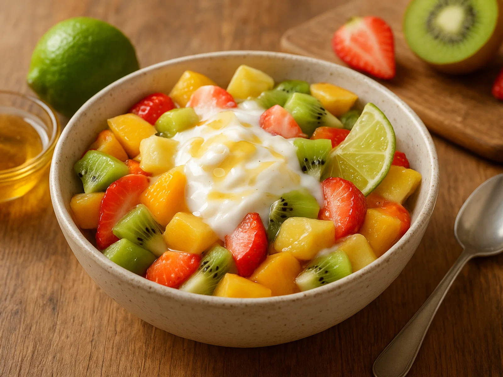 Frischer Obstsalat mit Joghurt und Honig