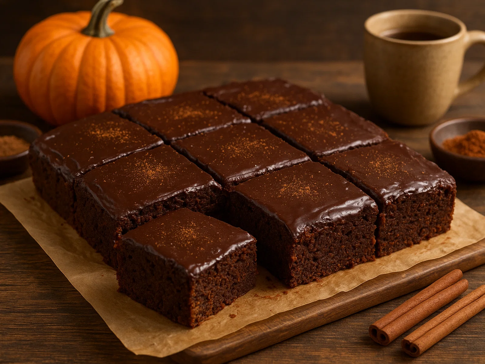 Saftige Kürbis-Schokoladen-Brownies mit Gewürzen