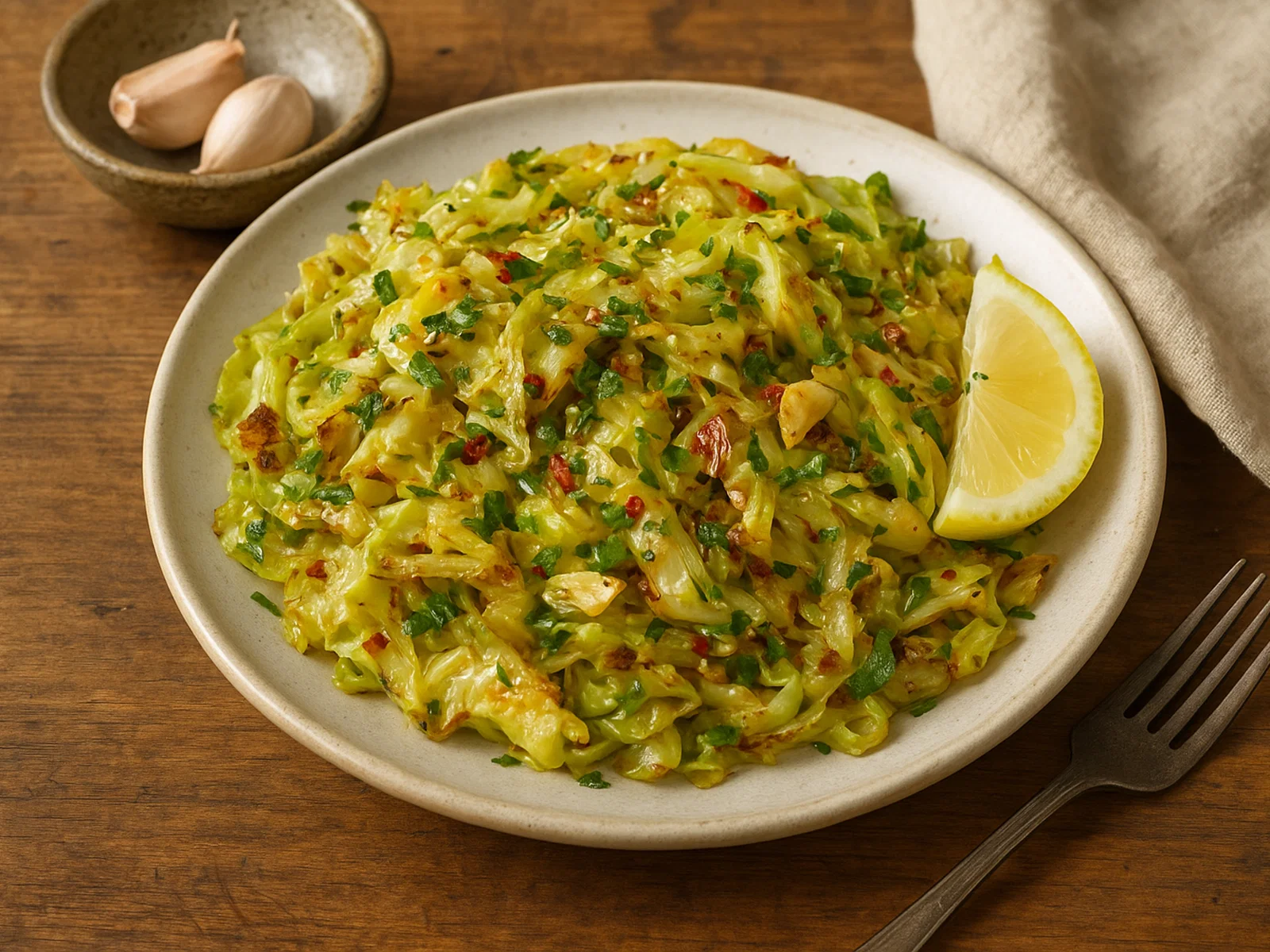 Gebratener Spitzkohl mit Knoblauch, Chili und Kräutern