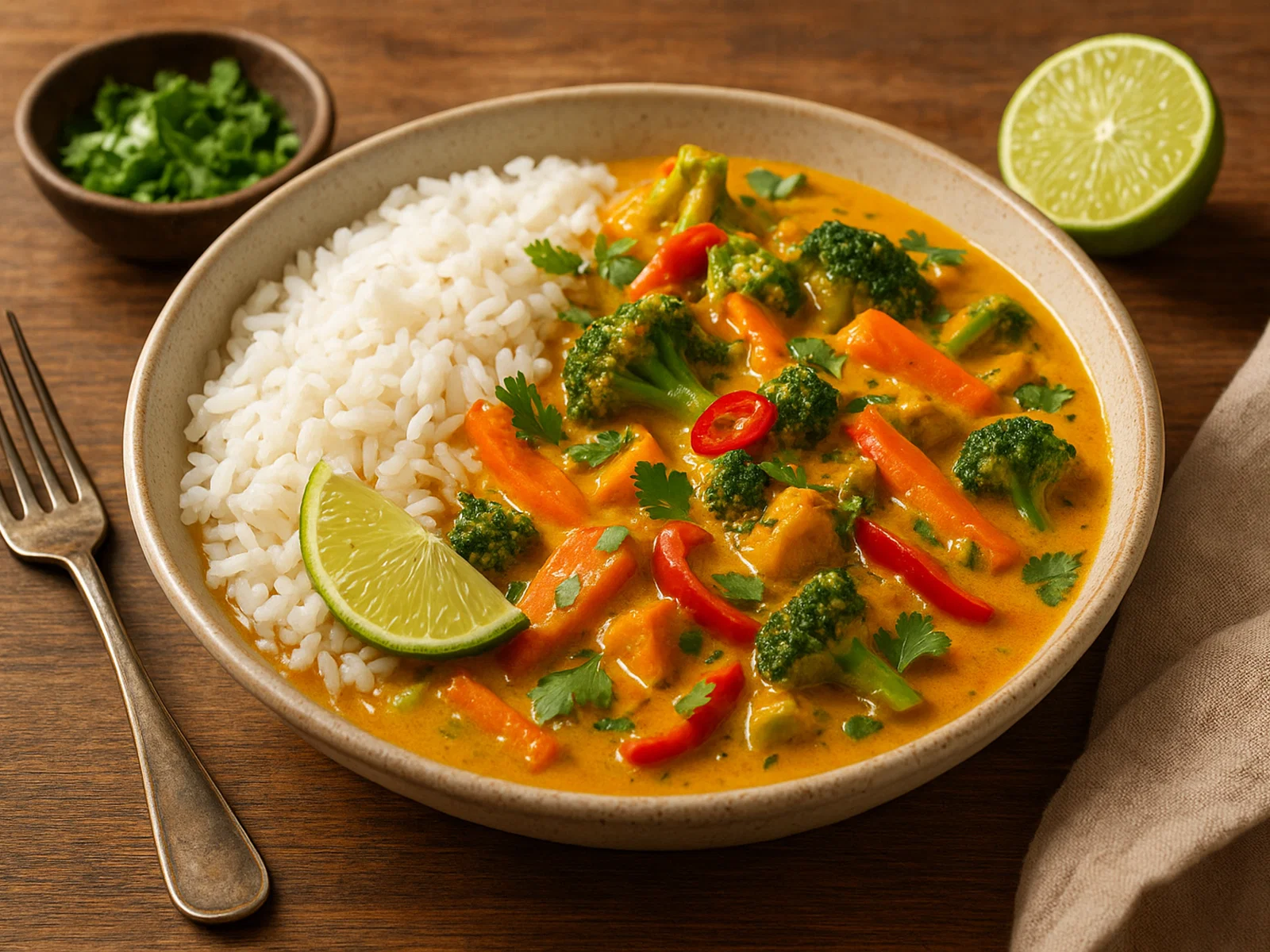 Curry au Lait de Coco mit Gemüse und Reis