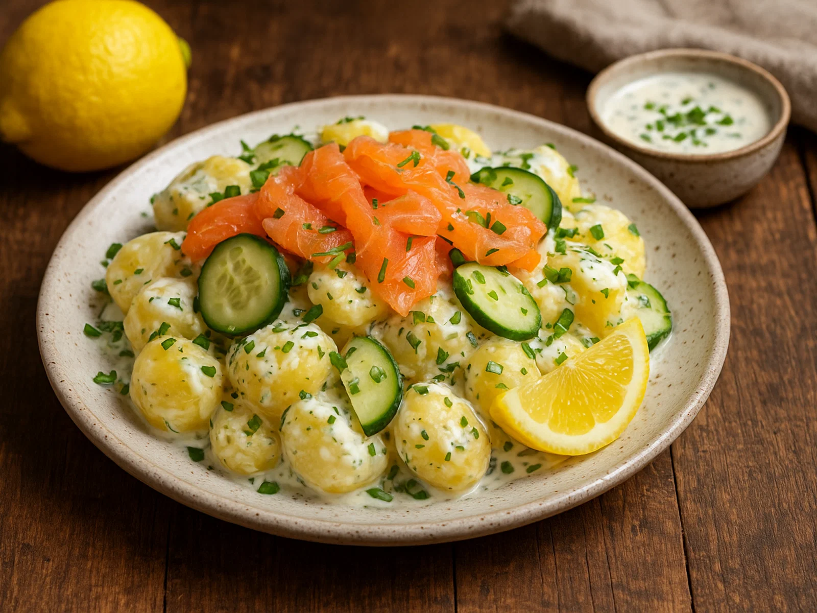 Kartoffelsalat mit Räucherlachs und cremigem Zitronen-Dressing