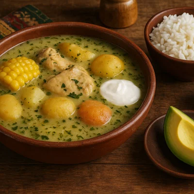 Kolumbianisches Ajiaco mit Huhn, Mais und drei Kartoffelsorten
