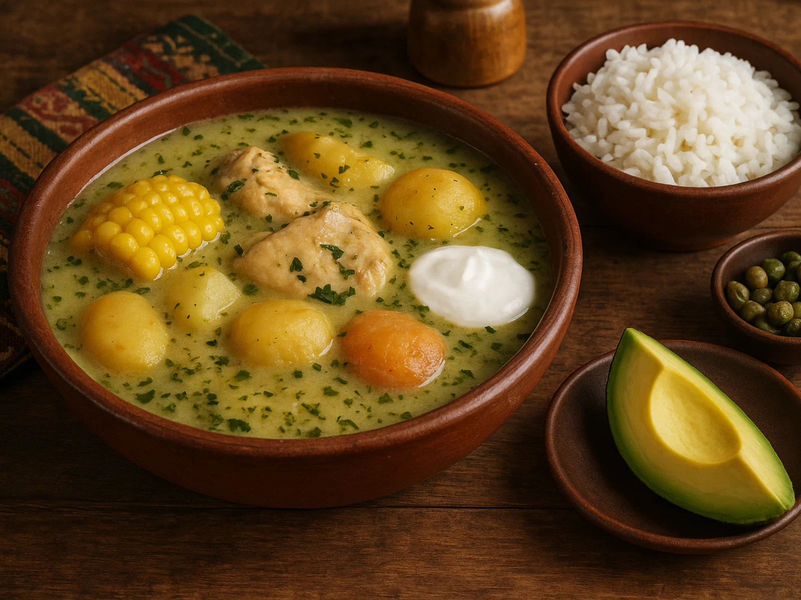 Kolumbianisches Ajiaco mit Huhn, Mais und drei Kartoffelsorten