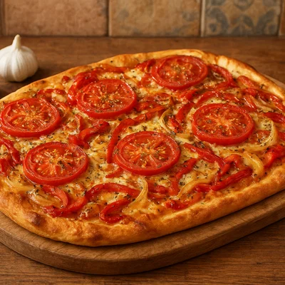 Spanische Coca mit Tomaten, Paprika und Käse
